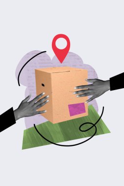 Sketch composite artwork photo collage of huge delivery box supply geo point location place bodyless courier hands give incognito person. clipart
