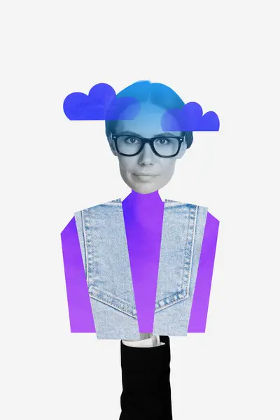 stock image Trend artwork composite sketch image photo collage of silhouette young woman wear glasses puppet toy hand master manipulate cloud on head.
