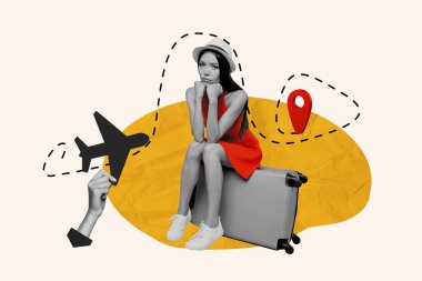 Composite photo collage of sad girl late aircraft sit luggage flight summer vacation route gps route travel isolated on painted background. clipart