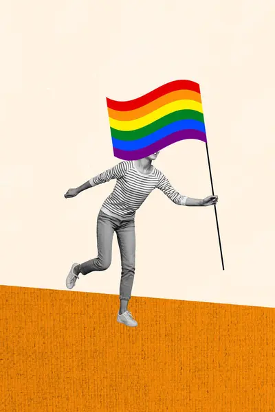 黒い白い色の少女の縦の複合的なコラージュのイメージは創造的な背景で隔離された Lgbt 虹の旗を握ります ストック写真