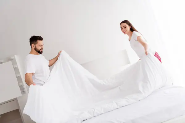 stock image Photo of cute charming boyfriend girlfriend sleepwear tidy room indoors home bedroom.