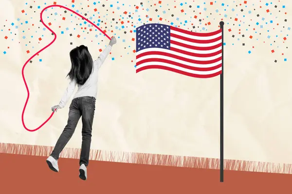 stock image Creative abstract collage of jumping kid girl celebrate 4th july with american flag on pastel background.