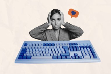 Creative collage young girl touch head overloaded panic stupor blogger like notification keyboard pc equipment social media concept. clipart