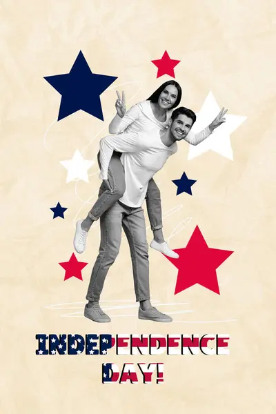 stock image Photo collage artwork picture of funky funny couple having fun showing v-signs celebrate 4th july isolated graphical background.