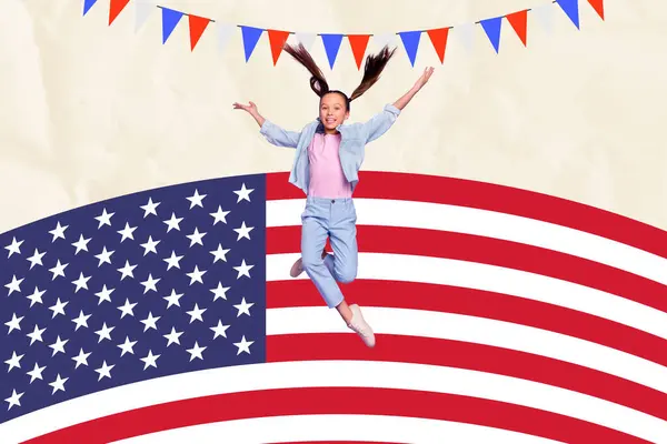 stock image Creative picture collage poster of happy kid girl levitating on american flag background for 4th july.