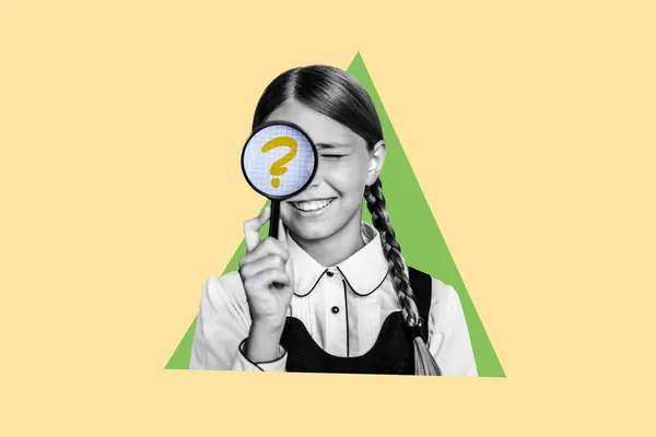 stock image Composite photo collage of happy schoolgirl wink eye look magnifier glass research school lesson education isolated on painted background.