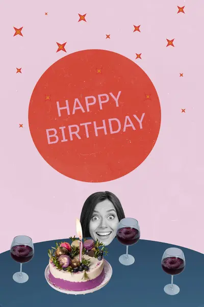 stock image Trend artwork composite image collage of happy birthday anniversary greeting card young woman head appear table smile wine glass cupcake.
