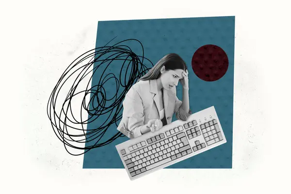 stock image Composite photo collage of sad young businesswoman work problem broke keypad tool office apathy failure isolated on painted background.