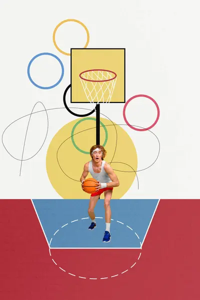 stock image Collage of world international symbol olympic games paris france summer competition sportsman young guy player ball basketball champion.