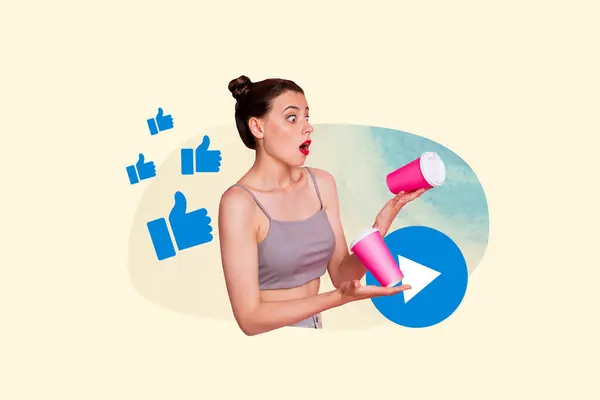 stock image Creative image young girl social media network content video youtube entertainment juggling mugs thumb up approval hand gesture.