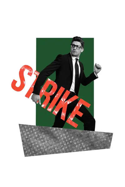 stock image Vertical photo collage of serious businessman run hold strike letters demonstration concept rebellion isolated on painted background.