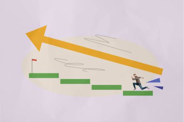 Collage young man runner achieve success positive results progress upstairs climb step finish flag destination reach persistence. clipart