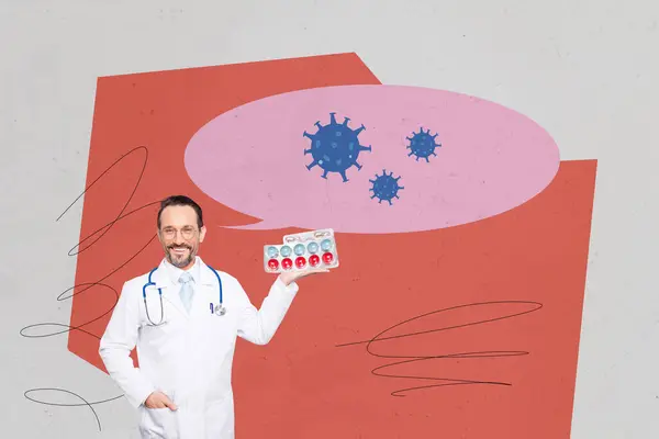 stock image Creative image picture smiling doctor recommend pills dose antibiotics cure treatment bacteria virus corona pandemic sickness prescription.