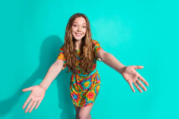 stock image Photo portrait of lovely teen lady stretch hands want hugging dressed stylish colorful garment isolated on cyan color background.