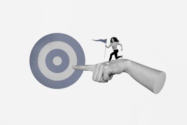 Creative picture running persistent woman achieve goal target finish flag destination pointing hand finger reach success. clipart