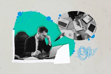 Composite trend artwork sketch collage of chatting cloud sms speech message silhouette young man headache office meeting tablet manager. clipart