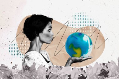 Trend artwork composite image photo collage of ecological system earth planet portrait young lady duckface hand hold globe trash garbage. clipart