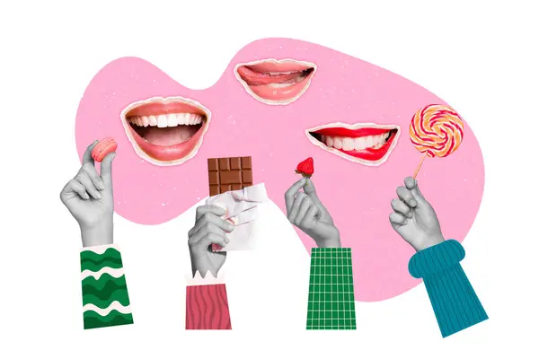 stock image Composite photo collage of hands hold chocolate bar strawberry fruit candy lollipop macaron dessert mouth isolated on painted background.