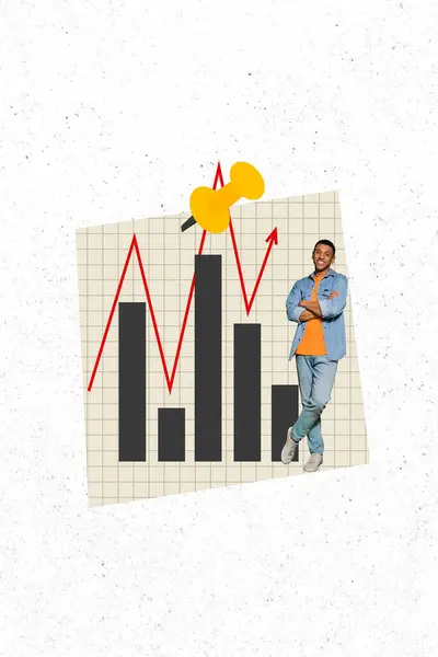 stock image Vertical photo collage of happy american man paper pin statistics development chart arrow progress isolated on painted background.