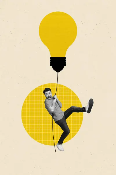 stock image Composite trend artwork image photo collage of copyspace huge light bulb idea lamp innovation challenge young guy hanging hand hold rope.