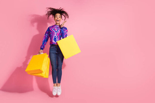 Full Length Photo Charming Impressed Woman Wear Print Sweatshirt Jumping Stock Image