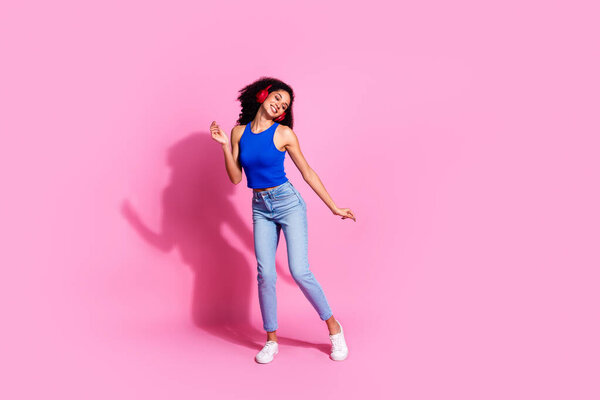 Full Size Photo Pretty Young Girl Earphones Dance Listen Music Stock Photo