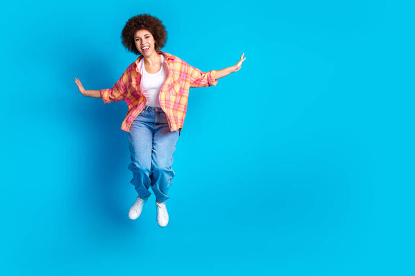 Full Length Photo Lovely Young Lady Jump Flying Dressed Stylish Royalty Free Stock Images