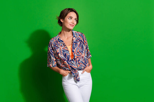 Photo Girlish Woman Bob Hair Dressed Print Blouse Hands Pockets Stock Image
