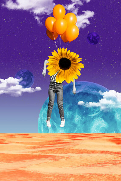 Composite Collage Image Surreal Painting Artwork Flying Air Balloons Sunflower Royalty Free Stock Images