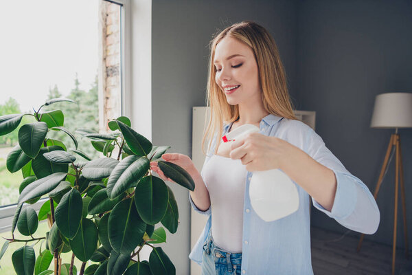 Photo Positive Good Mood Girl Dressed Blue Shirt Doing Housework Stock Picture