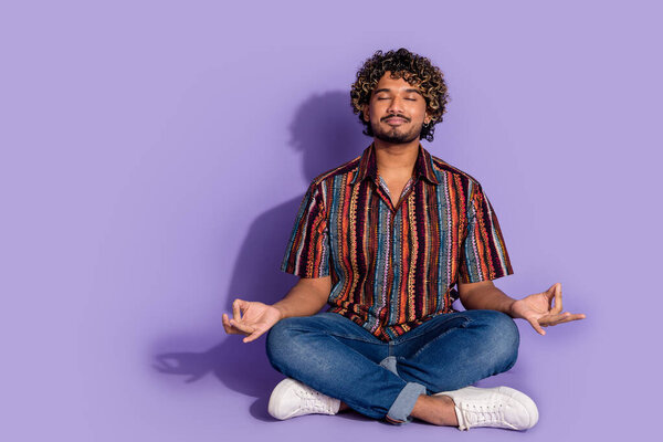 Full Size Photo Peaceful Calm Man Dressed Print Shirt Jeans Stock Photo