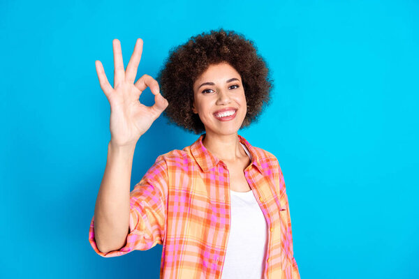 Photo Portrait Lovely Young Lady Show Okey Approve Dressed Stylish Stock Photo