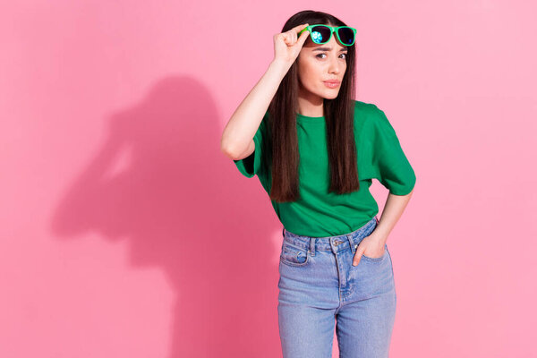 Photo Suspicious Unsure Woman Wear Green Shirt Dark Glasses Looking Stock Picture