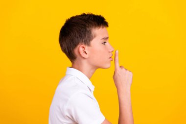 Profile photo of funky cool shool boy dressed polo t-shirt asking keep silence emtpy space isolated yellow color background. clipart