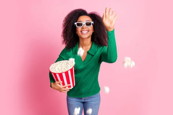 stock image Full size photo of pretty young girl watch movie throw popcorn wear trendy green outfit isolated on pink color background.