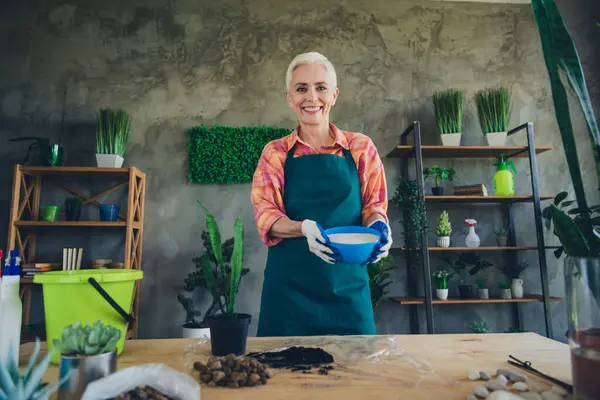 stock image Photo of shiny happy age woman dressed apron adding soil sand repotting plants indoors home workplace.