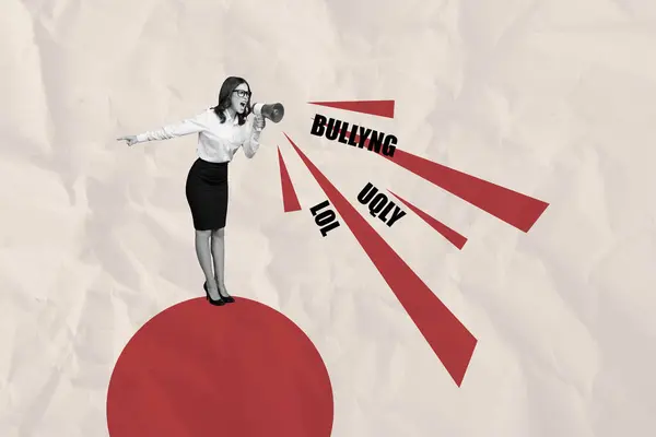 stock image Composite photo collage of angry scream girl hold megaphone bullying offending words pressure dictator isolated on painted background.