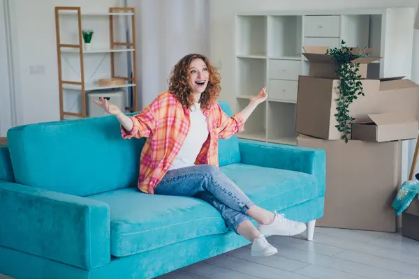 stock image Photo of cheerful lovely cute adorable woman buy new house settle in comfortable apartment purchase.