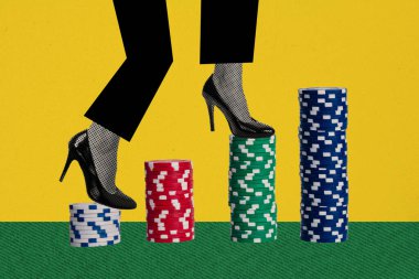 Composite artwork sketch image photo collage of caricature picture gambling casino gaming chips pile incognito lady high heels step winner. clipart