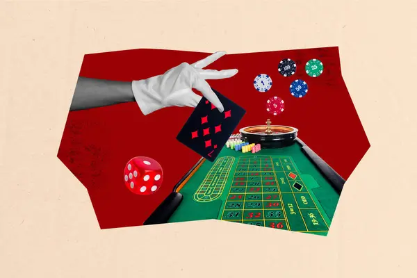 stock image Composite photo collage of hand hold cards combination roulette table gambling game poker player dealer isolated on painted background.