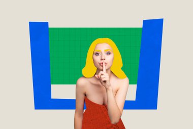 Creative picture collage young woman show gesture finger shh dont speak keep silence prohibit mute censorship checkered background. clipart