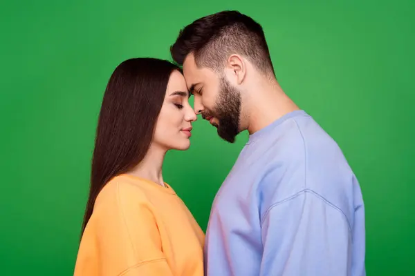 stock image Photo of enamored enchanted couple wear stylish clothes isolated on green color background.