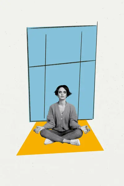 stock image Creative vertical poster collage young pretty focused woman meditate lotus pose sit self control calmness drawing background.