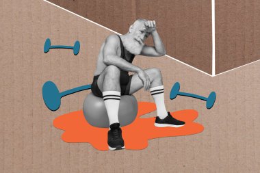 Composite photo collage of tired old pensioner sit fitness ball funny sportswear dumbbells weight loss sport isolated on painted background. clipart