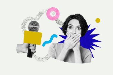 Composite photo collage of astonished girl shut mouth scared interview mic speaker podcast performance isolated on painted background. clipart