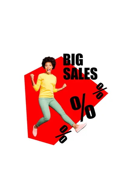 stock image Composite trend artwork 3D sketch image photo collage of young woman happy jump success big sales percent banner black friday cheap day.