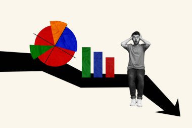 Composite photo collage of shocked guy investor sit arrow decline chart recession problem graph bankrupt isolated on painted background. clipart