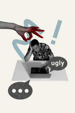 Vertical collage young man cyberbullying social media harassment laptop digital device ugly textbox message mental pressure. clipart