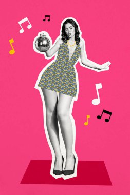 Vertical photo collage of happy girl long legs pouted lips dance weekend occasion disco ball entertainment isolated on painted background. clipart