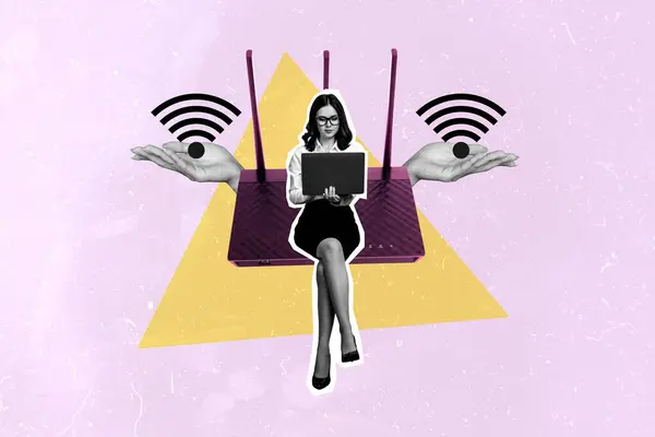 stock image Composite photo collage of serious freelance businesswoman surf laptop fast 5g wifi connection router signal isolated on painted background.